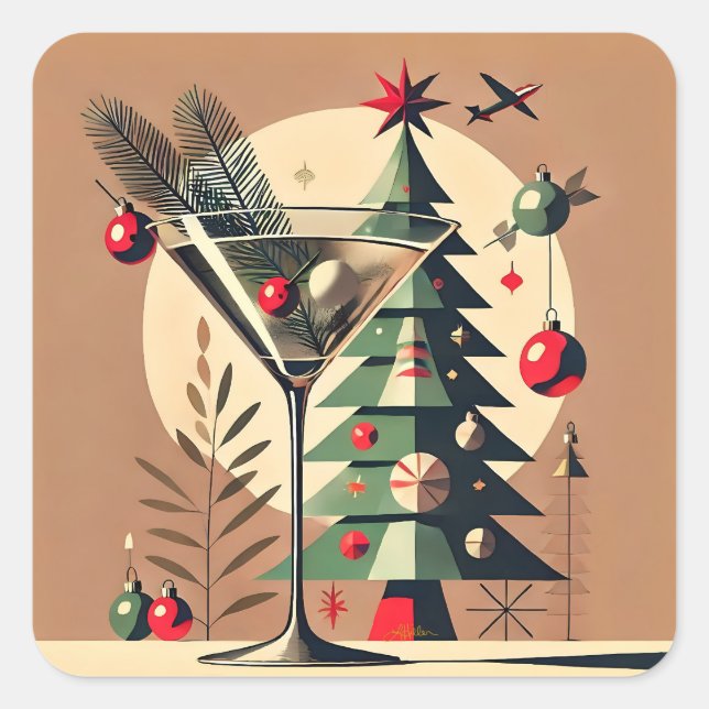 Adesivo Quadrado Retro 50s Jet Set Christmas Tree Martini (Frente)