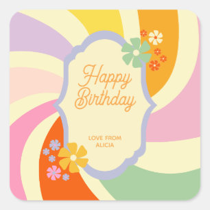 Adesivo Quadrado Retro 70s Groovy Wave Flower Feliz Aniversário