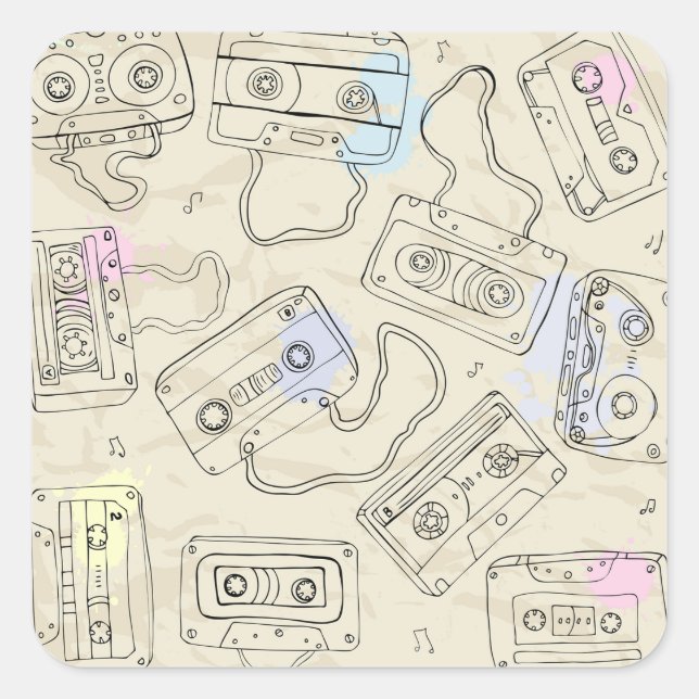 Adesivo Quadrado Retro 80s 90s Nostalgic Cassette Mix Tape Pattern (Frente)
