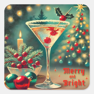 Adesivo Quadrado Retro Anos 50 Coquetel Martini de Natal Alegre e R