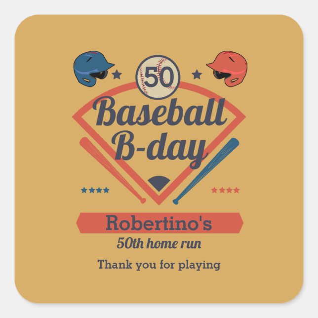 Adesivo Quadrado Retro Baseball B-Day Men's 50th Birthday (Frente)