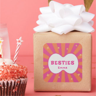 Adesivo Quadrado Retro Besties Pink & Orange Sunburst Personalized