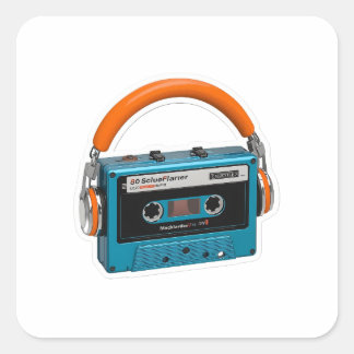Adesivo Quadrado Retro Blue Cassette Tape with Orange Headphones St