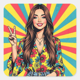Adesivo Quadrado Retro Boomer Hippie Lady giving Peace Sign
