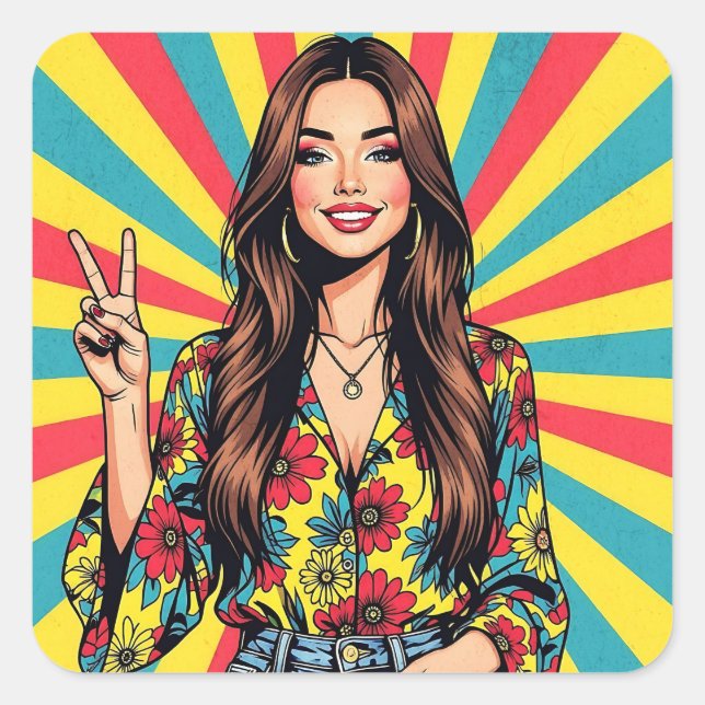 Adesivo Quadrado Retro Boomer Hippie Lady giving Peace Sign (Frente)