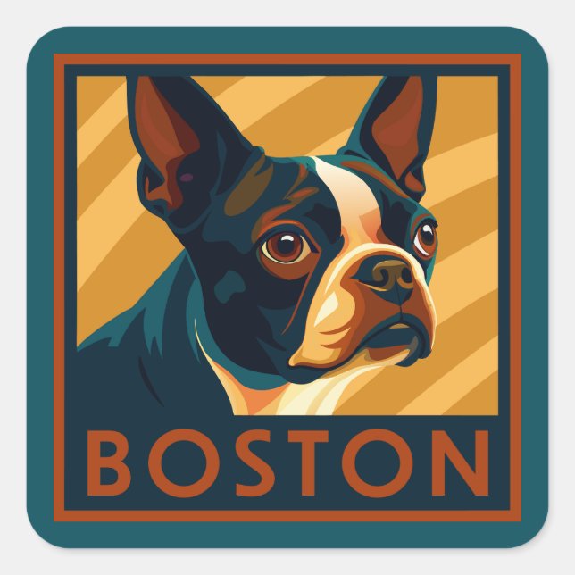 Adesivo Quadrado Retro Boston Terrier Retrato (Frente)
