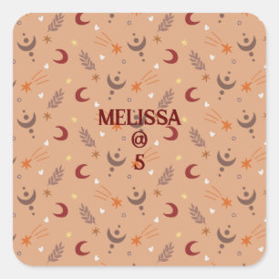 Adesivo Quadrado Retro Brown Boho Whimsical Personalizado Aniversár