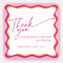 Adesivo Quadrado Retro Cor-de-rosa e Borda Laranja ondulada Obrigad