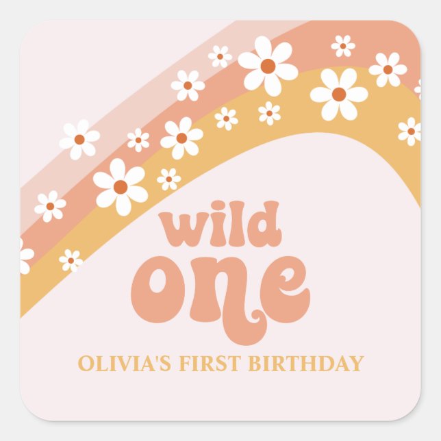 Adesivo Quadrado Retro Daisy Boho Wild One Arco-íris (Frente)