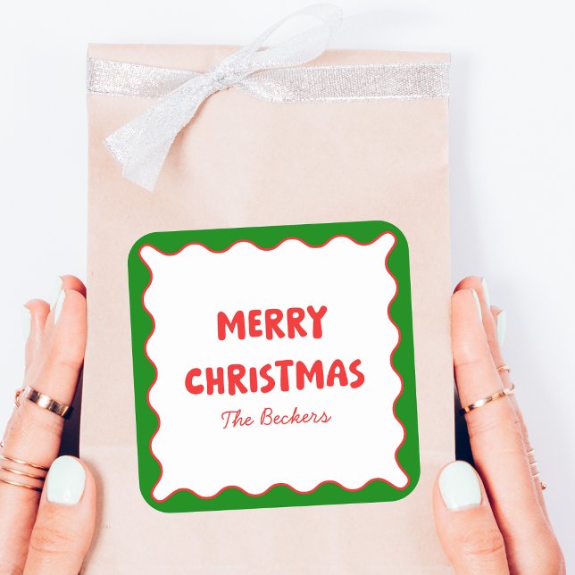 Adesivo Quadrado Retro divertido Vermelho ondulado e Natal personal (Criador carregado)