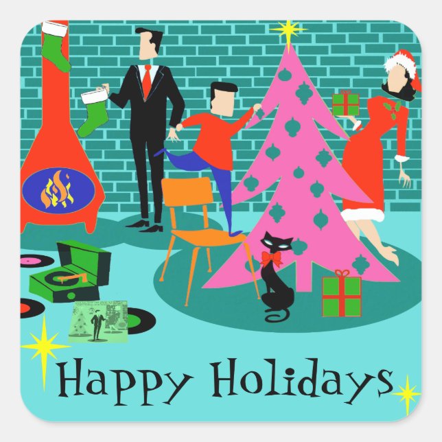 Adesivo Quadrado Retro Family Trimming the Christmas Tree Stickers (Frente)