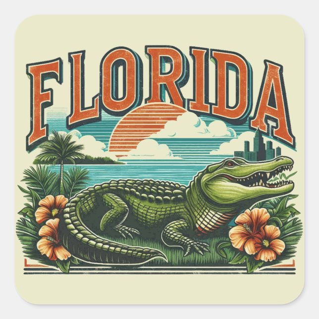 Adesivo Quadrado Retro Florida Alligator (Frente)