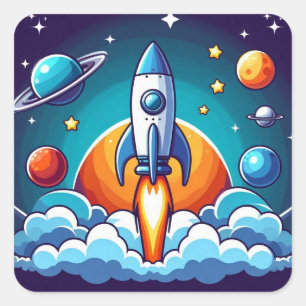 Adesivo Quadrado Retro, foguete espacial
