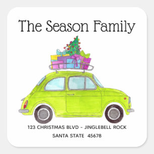 Adesivo Quadrado Retro Green Fiat 500 com presentes de Natal