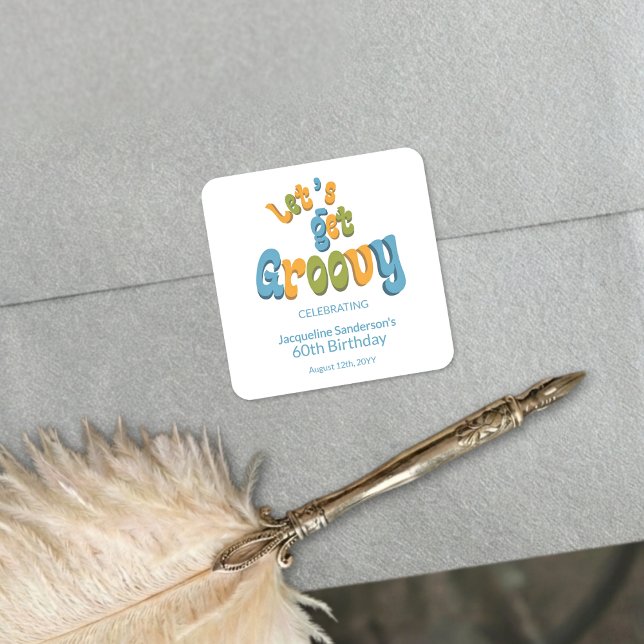 Adesivo Quadrado Retro Groovy 60th Birthday Party Envelope Seals (Criador carregado)