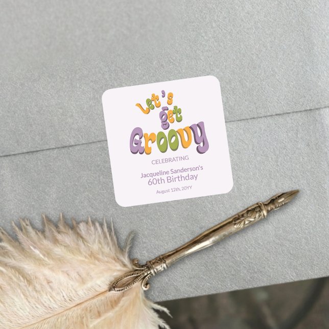 Adesivo Quadrado Retro Groovy 60th Birthday Party Envelope Seals (Criador carregado)