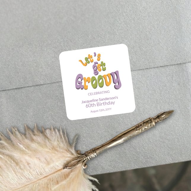 Adesivo Quadrado Retro Groovy 60th Birthday Party Envelope Seals (Criador carregado)