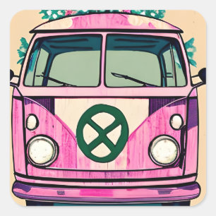 Adesivo Quadrado Retro Hippie Van floral Colors Art