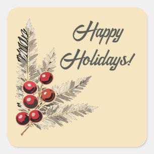 Adesivo Quadrado Retro Holly Berries e Evergreen