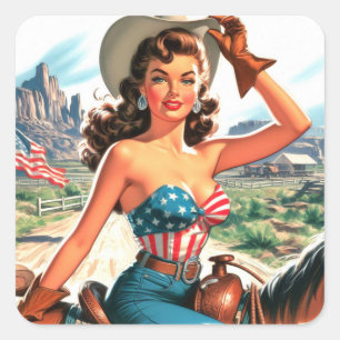 Adesivo Quadrado Retro Linda Cowgirl Pin Up