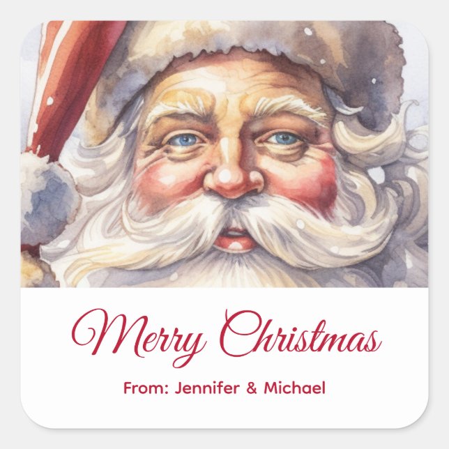Adesivo Quadrado Retrô Papai Noel em um presente de Natal Red Hat (Frente)