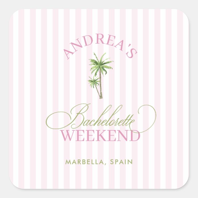 Adesivo Quadrado Retro Pink & Green Palm Tree Beach Bachelorette (Frente)