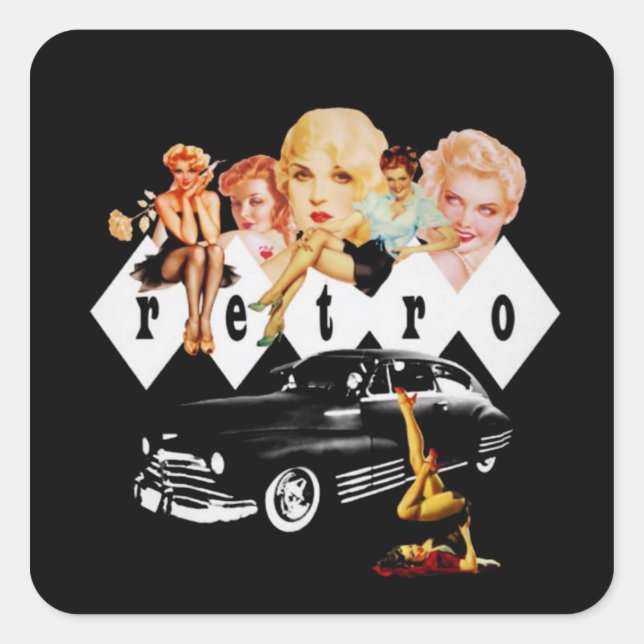 Adesivo Quadrado Retro Pinup Girls e um hot Rod (Frente)
