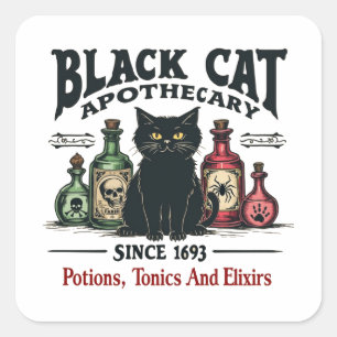 Adesivo Quadrado Retro Preto Assustador Gato-Apoteário Witchy Wicca