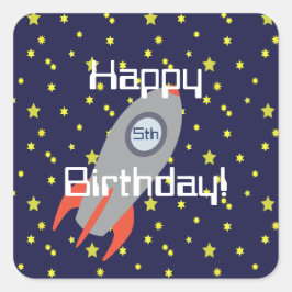 Adesivo Quadrado Retro Rocket Ship e Stars Feliz Aniversário