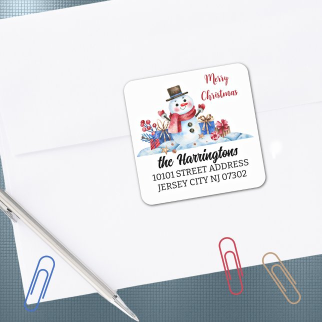 Adesivo Quadrado Retro Snowman Endereço de Regresso de Natal Envelo (Criador carregado)