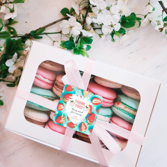 Adesivo Quadrado Retro Strawberry Obrigado Berry por vir (Criador carregado)