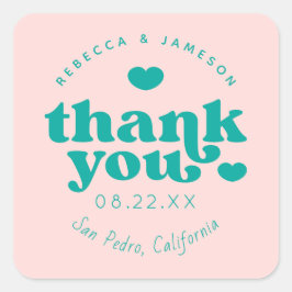 Adesivo Quadrado Retro Union Pink and Teal Weding Obrigado
