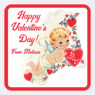 Adesivo Quadrado Retro Vintage Cupido Feliz Dia dos Namorados Perso