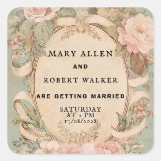 Adesivo Quadrado Retro vintage pink and mint floral Sticker