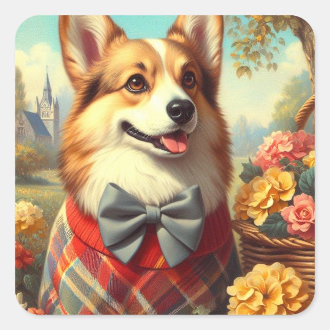 Adesivo Quadrado Retro Welsh Corgi Cardigan Painting (Frente)
