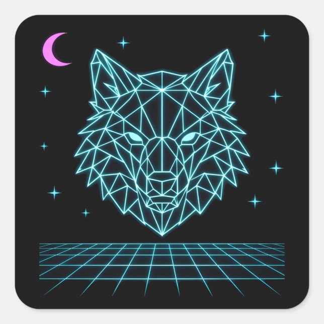 Adesivo Quadrado Retro Wolf Synthwave - Neon Night Howler (Frente)
