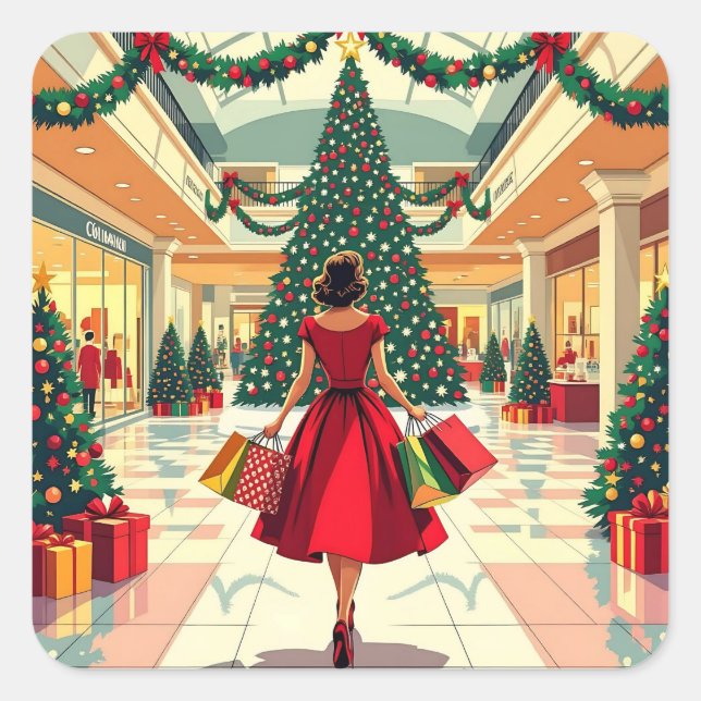 Adesivo Quadrado Retro Woman Shopping Mid Century Christmas (Frente)