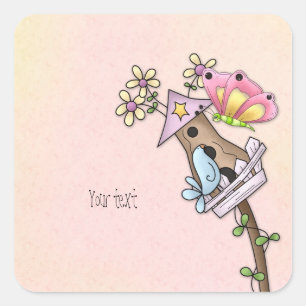 Adesivo Quadrado Reunião da borboleta e do pássaro no birdhouse