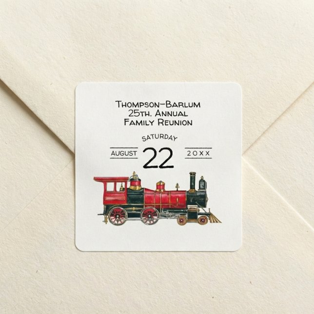 Adesivo Quadrado Reunião da família Red Train (Red Train Family Reunion Invitation Square Sticker)