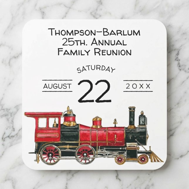 Adesivo Quadrado Reunião da família Red Train (Red Train Family Reunion Invitation Square Sticker)