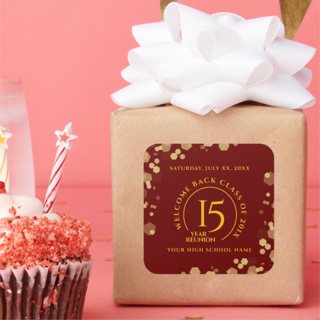 Adesivo Quadrado Reunião de Classe da Escola Vermelha e Ouro (Festa)