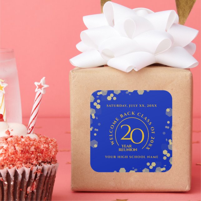 Adesivo Quadrado Reunião de Classe da Faculdade de Azul e Dourada (Festa)