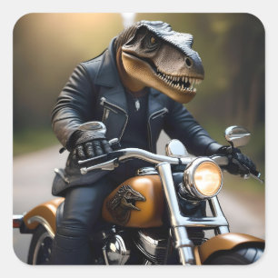 Adesivo Quadrado **"Rex Revved Up: T-Rex em couro em uma moto