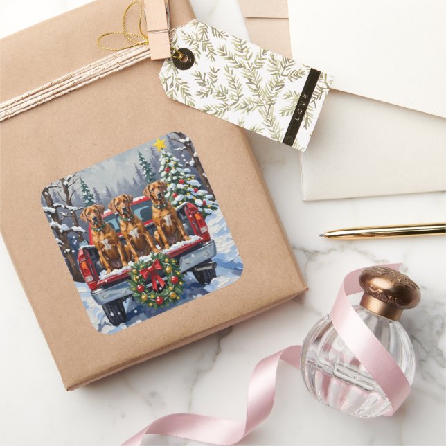 Adesivo Quadrado Rhodesian Ridgeback Christmas Red Truck Holiday (Presentear)