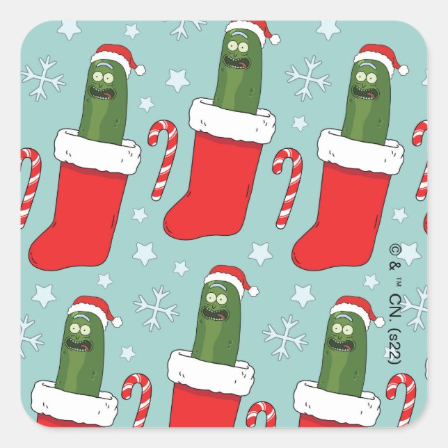 Adesivo Quadrado Rick and Morty | Christmas Pickle Rick Pattern (Frente)