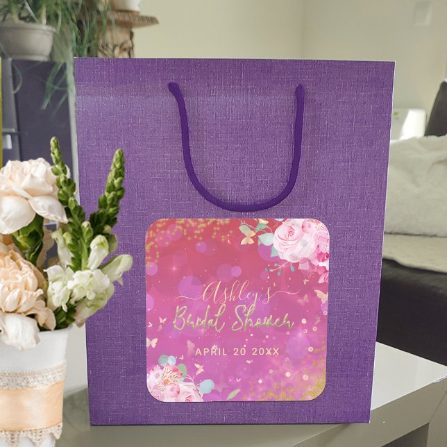 Adesivo Quadrado Rico Floral Rosa Elegante Chá de panela Romântico (Criador carregado)