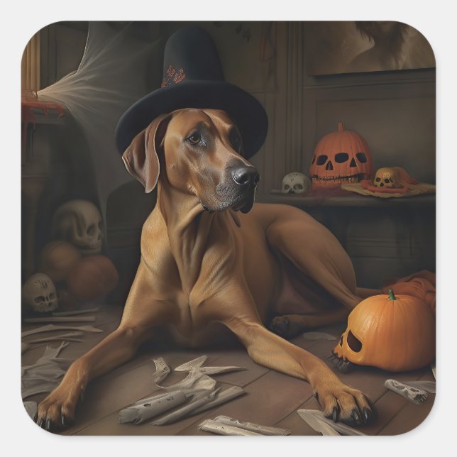 Adesivo Quadrado Ridgeback Ridgeback Pumpkins Halloween Ascarado (Frente)