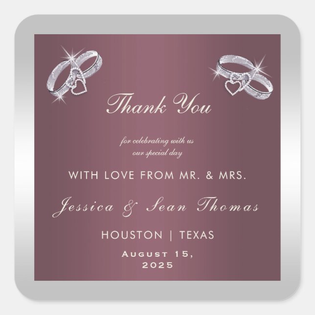 Adesivo Quadrado Rings Silver Sparkly e Casamento Burgandy (Frente)