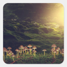 Adesivo Quadrado Ripe Cogumelos Selvagens na Floresta