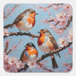 Adesivo Quadrado Robins e flores de cereja
